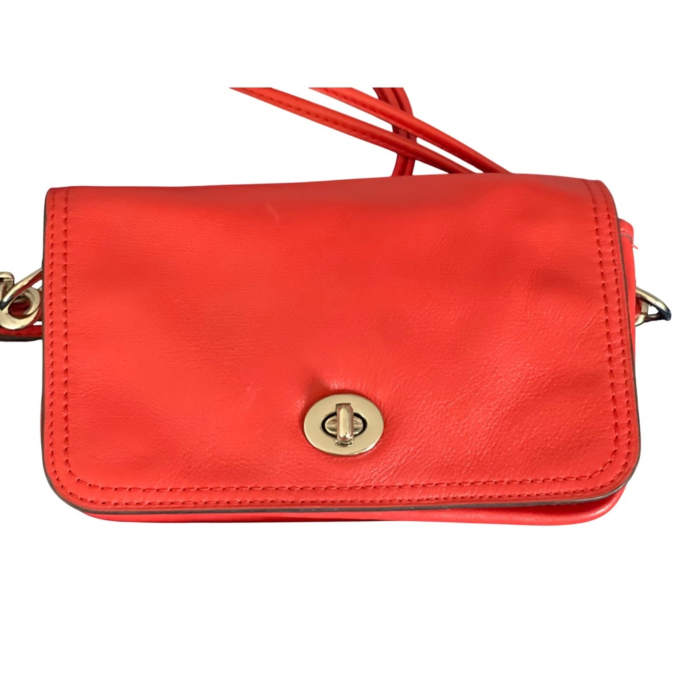 Coach Penny Coral Red Leather Crossbody Bag Turnlock - Picture 2 of 10